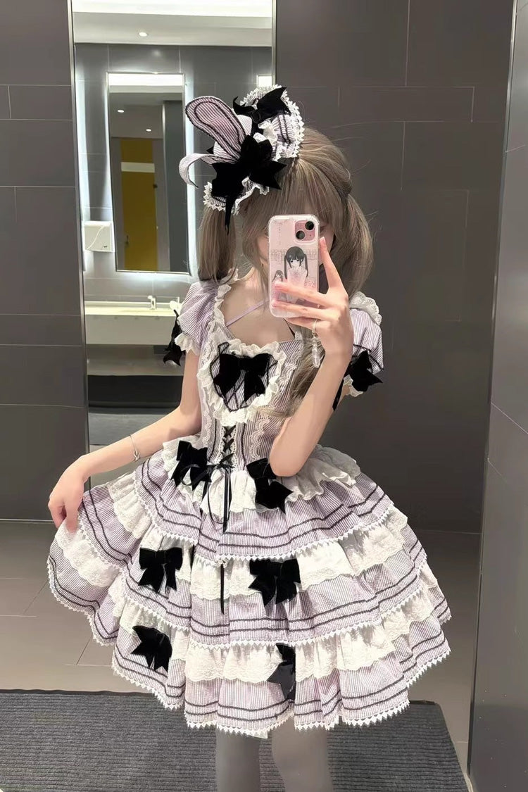 Sweet Lolita JSK with Striped Ruffle Bowknot and Lace-Up Front