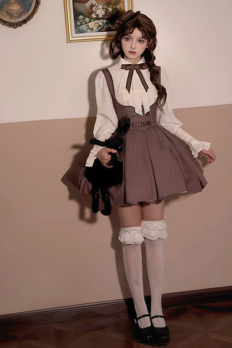 Chocolate Striped Print Breast Support Short Lolita Dress - Manchester City's Past