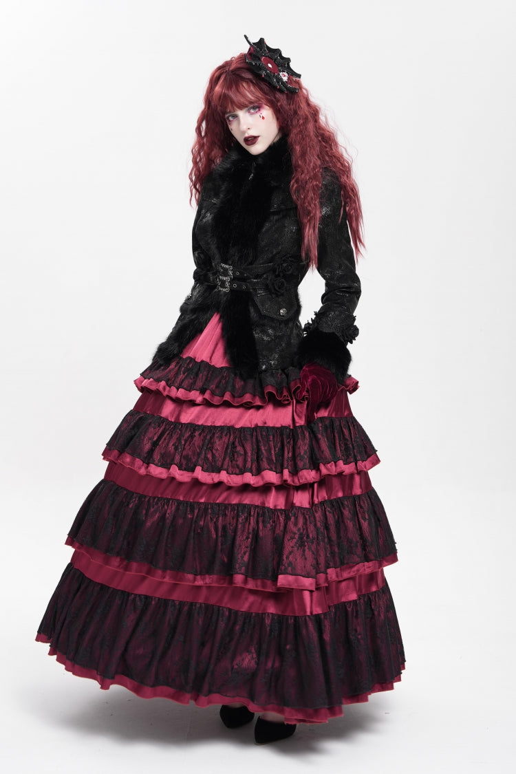 Victorian Gothic Coat with Rose Floral Embroidery and Buckle Straps, Long Sleeve