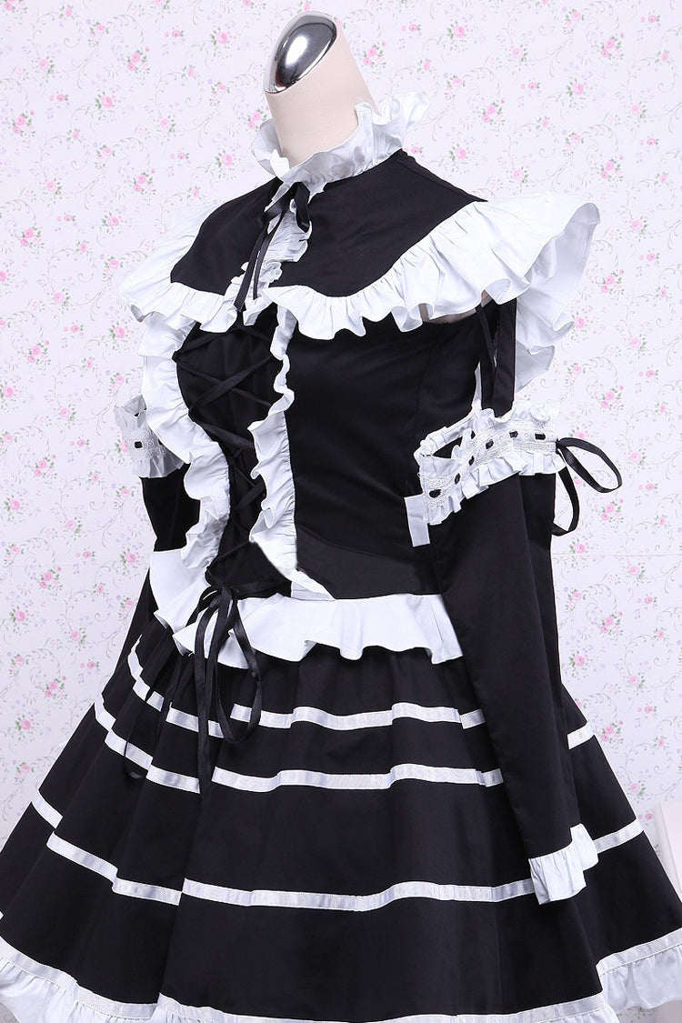 Gothic Lolita Dress in Cotton with Stand Collar, Ruffles and Bowknot