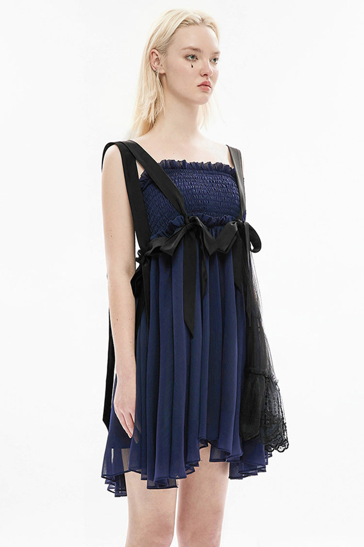 Azure Strap Big Bow Streamer Lace Suspender Gothic Dress for Women