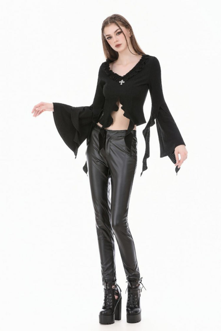 Women's Gothic Crop Top with Ruffled V-Neck, Split Trumpet Sleeves and Streamer