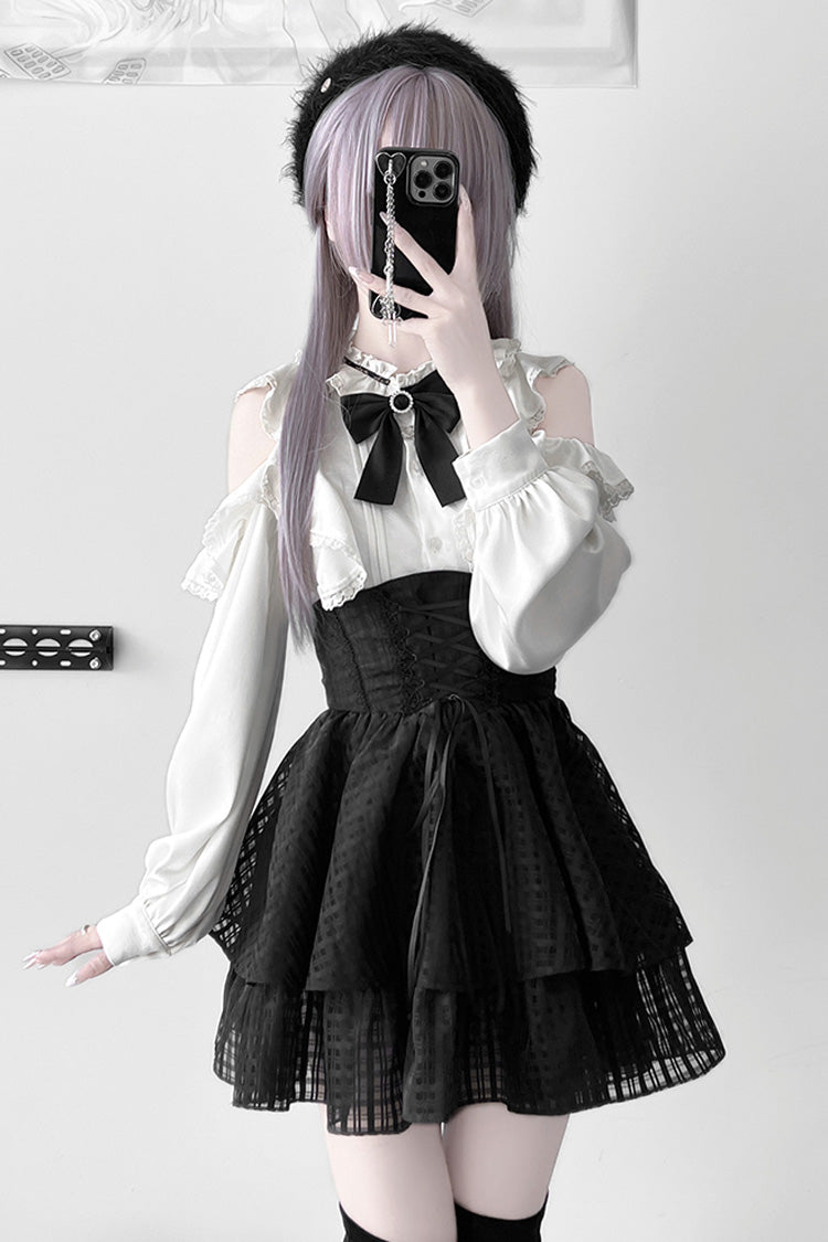 Noir Lace Bowknot Lace-Up Jirai Kei Skirt - Blackberry Rite