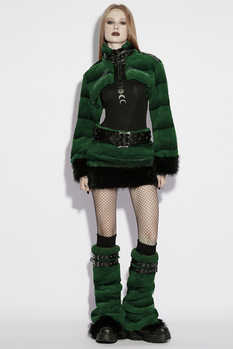 Emerald Stand Collar Long Sleeve Buckle Straps Faux Fur Punk Short Cloak for Women