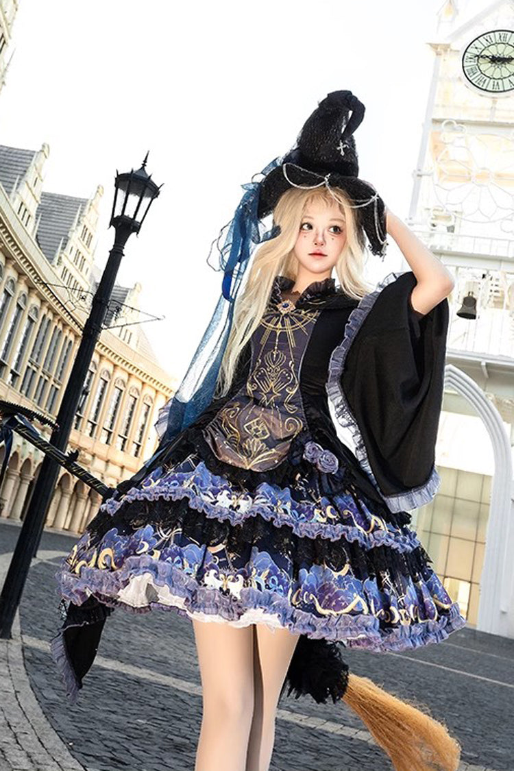 Double-Layered Print Ruffle Lace Gothic Dress - Astrology Cat