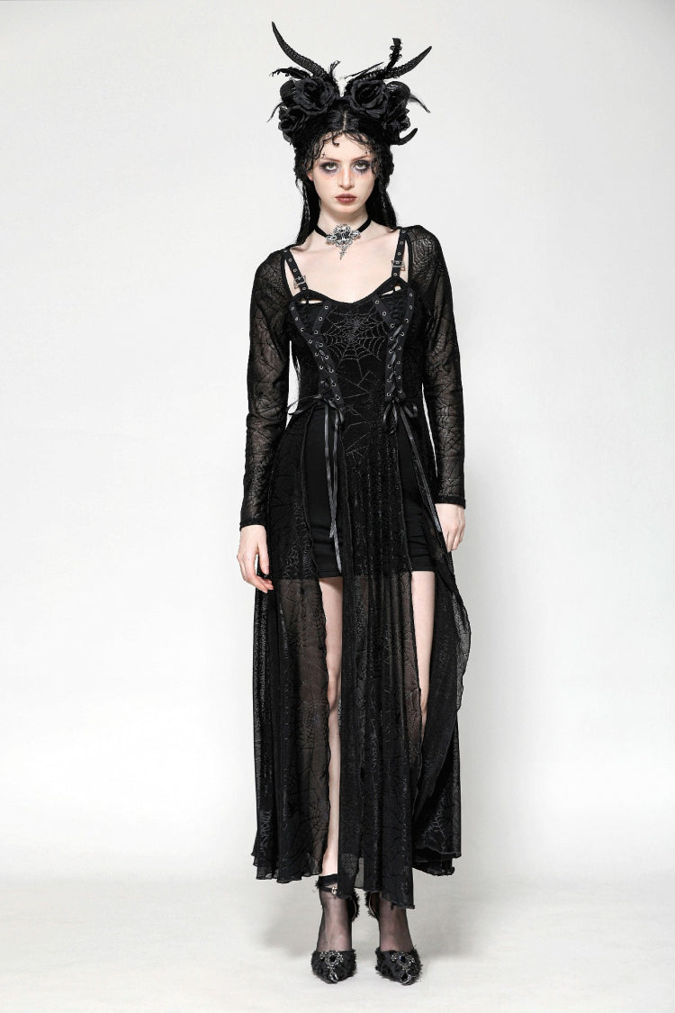 Elegant Witch Long Dress with Spiderweb Lace-Up and Extended Sleeves