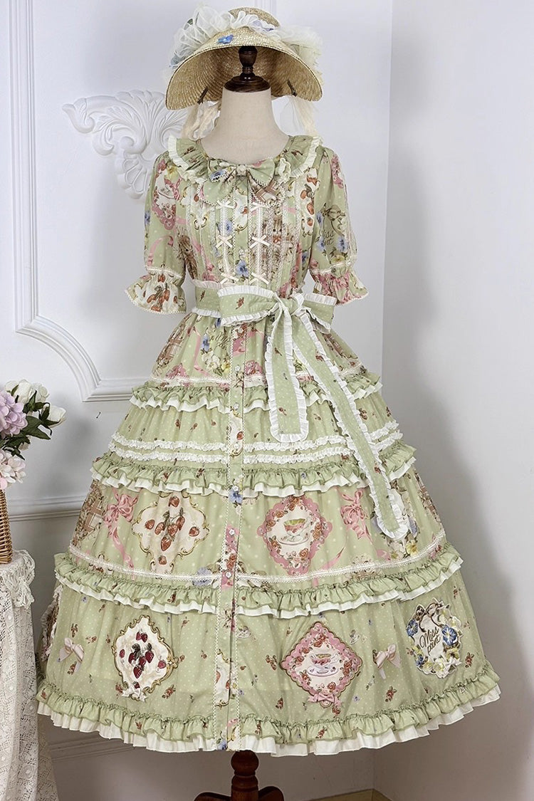 Emerald Cat Rose Tea Short Sleeve Printed Ruffle Cardigan Bow Sweet Lolita Gown
