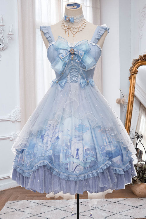 Ocean Whale Print Bowknot Multi-Layered Ruffled Princess JSK