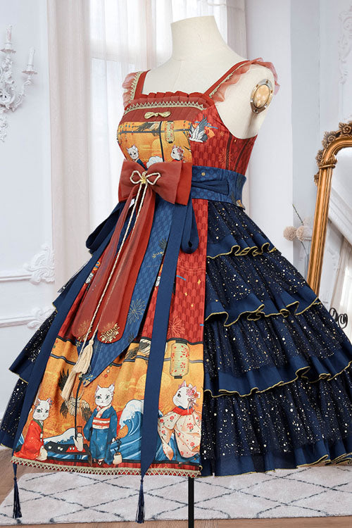 Azure Ukiyoe Feline Wave Print Strapless Layered Lolita Jumper Dress