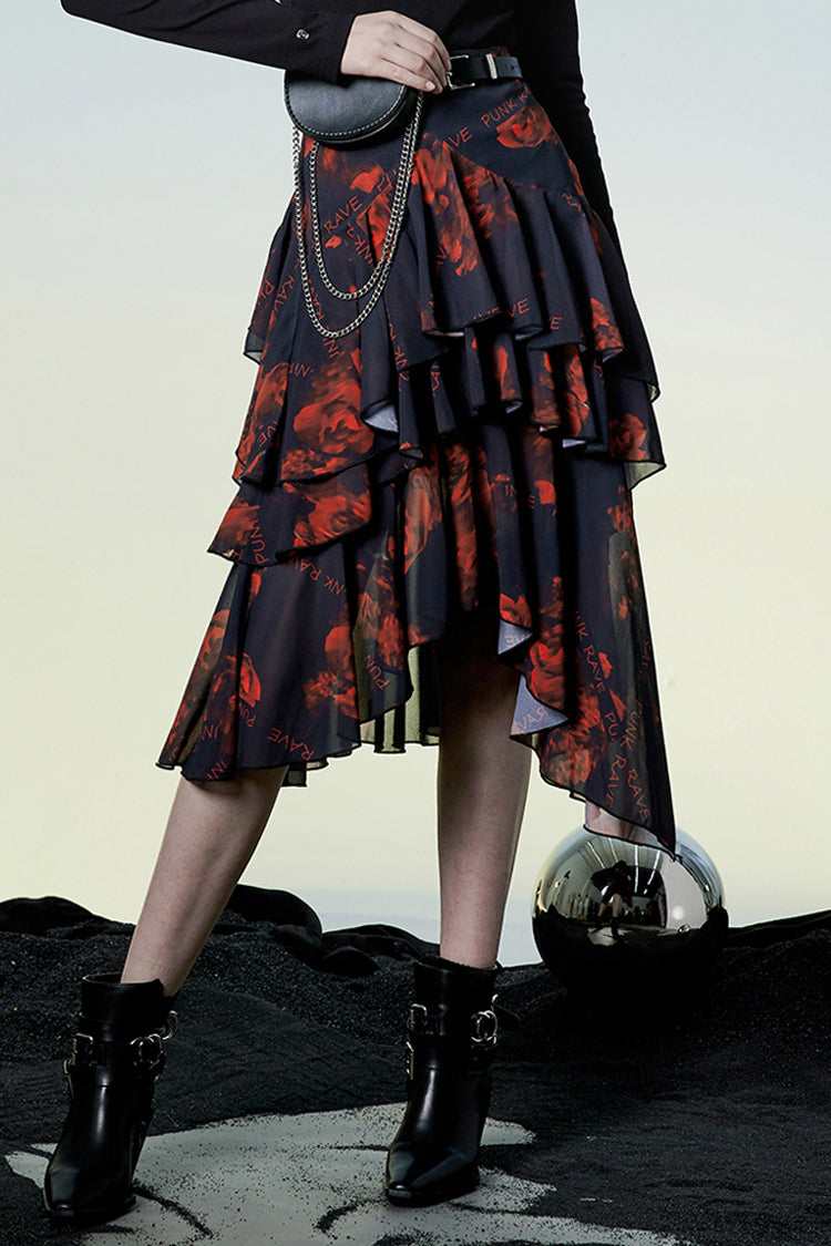 Crimson Noir Layered Chiffon Pattern Print High-Waist Punk Skirt