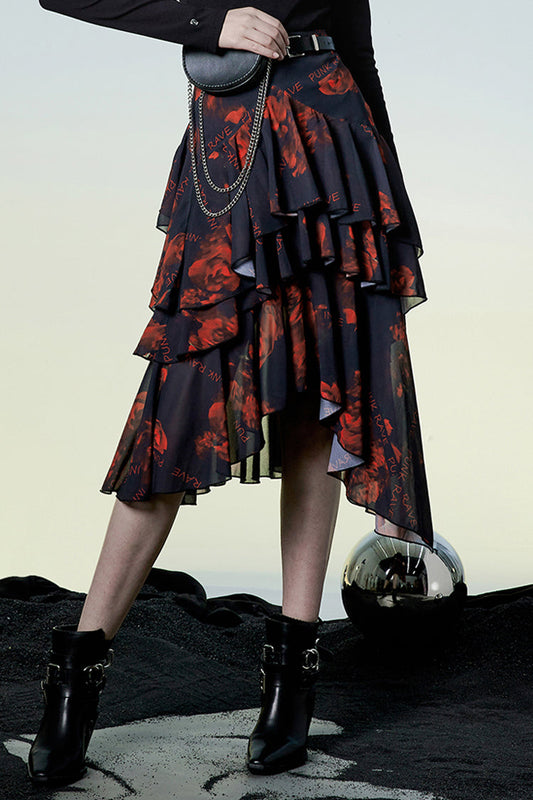 Crimson Noir Layered Chiffon Pattern Print High-Waist Punk Skirt