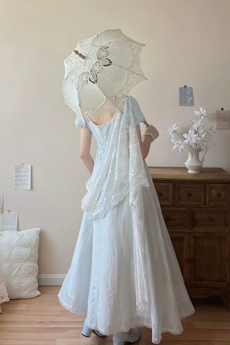 Azure Square Neck Short Sleeve Jacquard Frilled Lace Elegant Lolita Gown