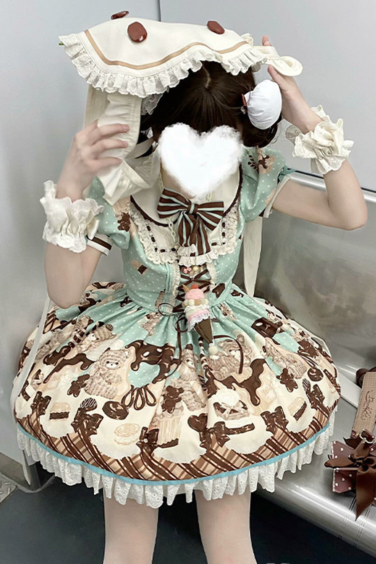 Sweet Lolita Dress with Chocolate Cake Bear Print and Lace-Up