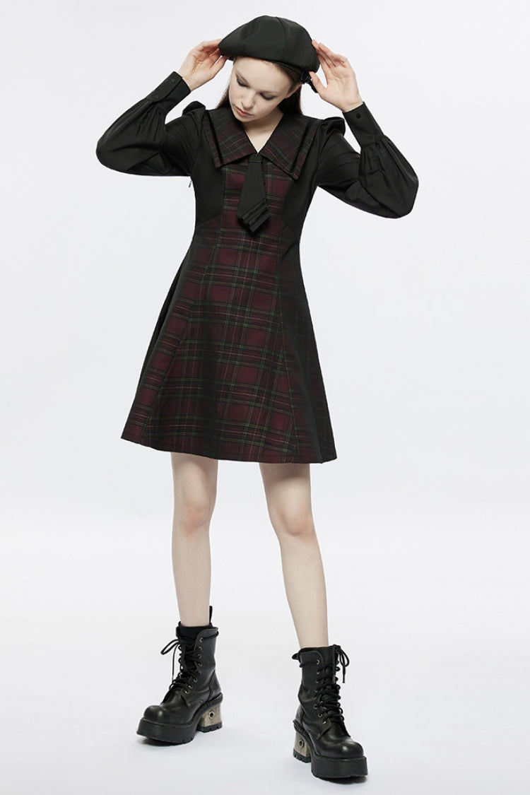 Crimson Noir Detachable Lace-Up Lantern-Sleeve Plaid Punk College Dress