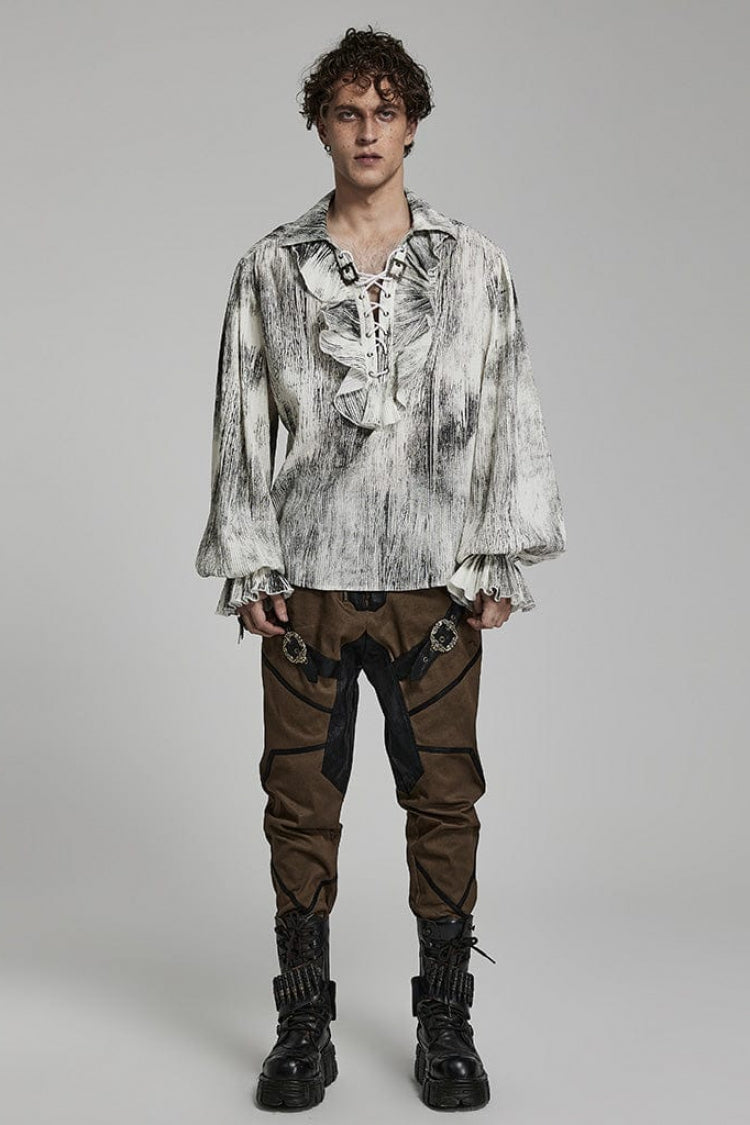 Gothic Men's Blouse with Lantern Sleeves and Ruffled V-Neck - Two Tones