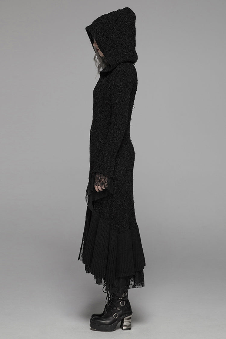 Layered Lace Gothic Long Coat with Hood, Women's Multi-Tier Design