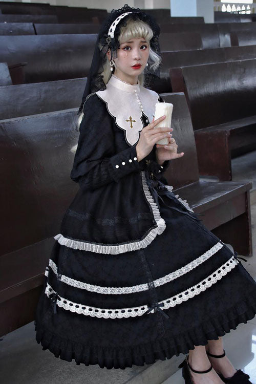 Classic Lolita OP Dress with Dark Church Lace, Ruffled Long Sleeves and Cross