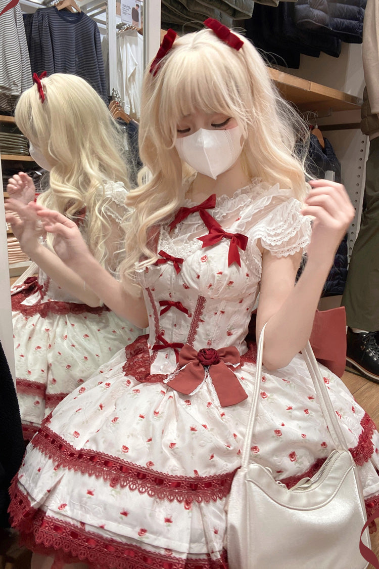 Burgundy First Love Rose Layered Print Ruffle Bow Lace Sweet Lolita JSK Dress Set