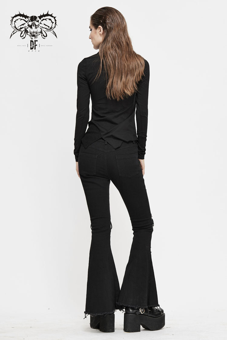 Women's Punk Tee with Cross Clasp and Asymmetric Hem - Noir