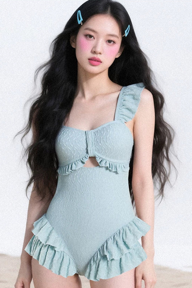 Azure Square Neck Strapless Ruffled Sweet Lolita One-Piece Swimsuit