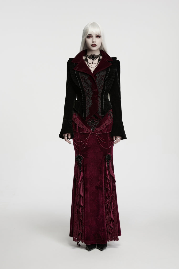 Crimson Noir Asymmetric Lace-Up Trumpet-Sleeve Royal Velvet Gothic Coat