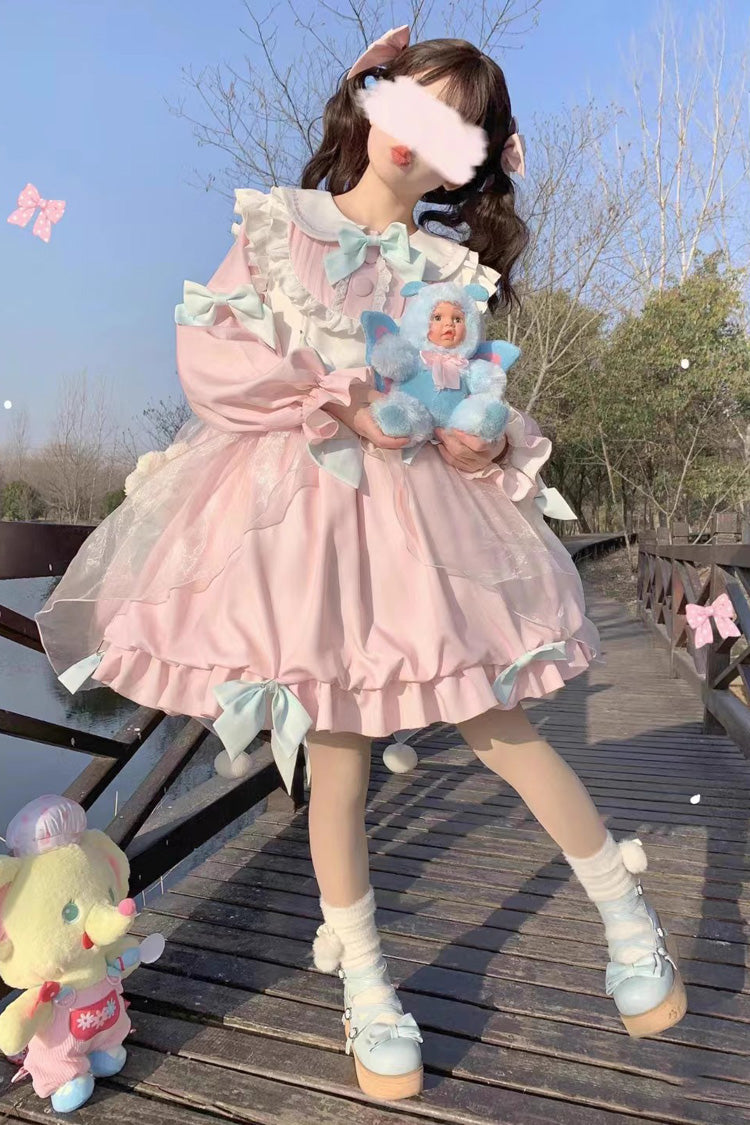 Sweet Lolita Dress with Bear, Long Sleeves, High Waisted Ruffle Bowknot in 3 Colors