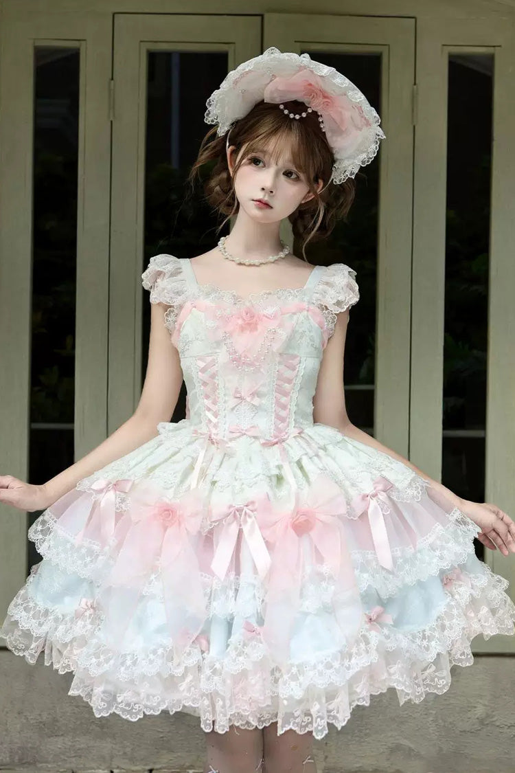 Pink Shadow Veil Square Collar Flutter Sleeves Multi-Layered Bow Lace Sweet Lolita Jsk Dress