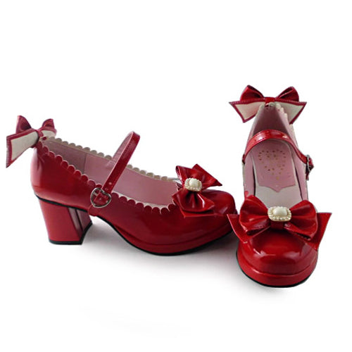Crimson Sweet Lolita Heels with Bowknot and Mirror Face Design
