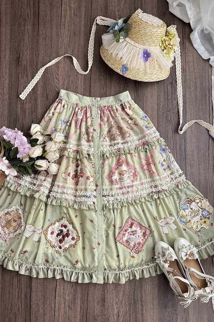 Emerald Cat Rose Tea Printed Ruffle Sweet Gorgeous Lolita Skirt