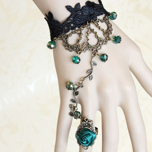 Gothic Lolita Bracelet and Ring Set with Green Beads and Lace