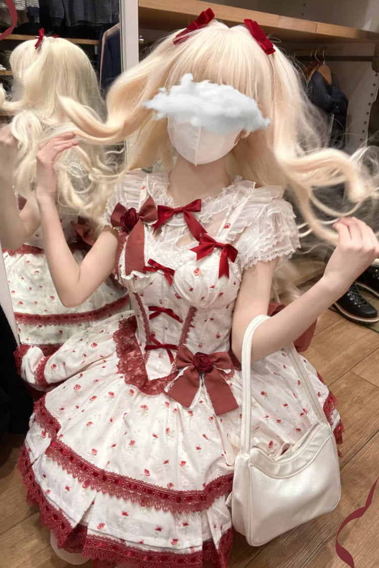 Burgundy First Love Rose Layered Print Ruffle Bow Lace Sweet Lolita JSK Dress Set