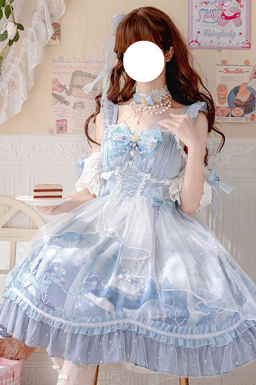 Ocean Whale Print Bowknot Multi-Layered Ruffled Princess JSK