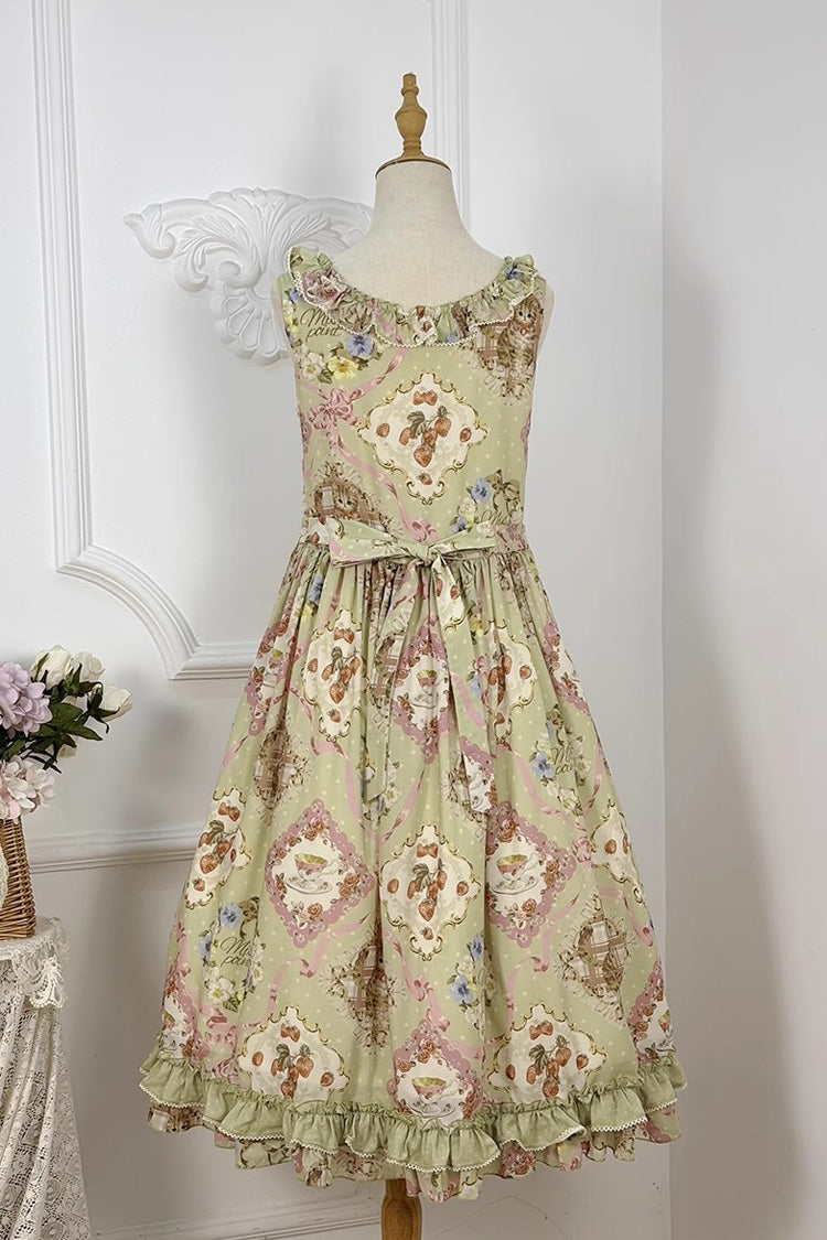 Emerald Cat Rose Tea Sleeveless Floral Ruffle Bow Sweet Lolita Jumper