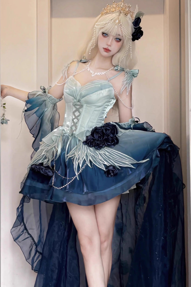Swan Wonderland Embroidery Lace-Up Ballet Lolita JSK Dress in Blue