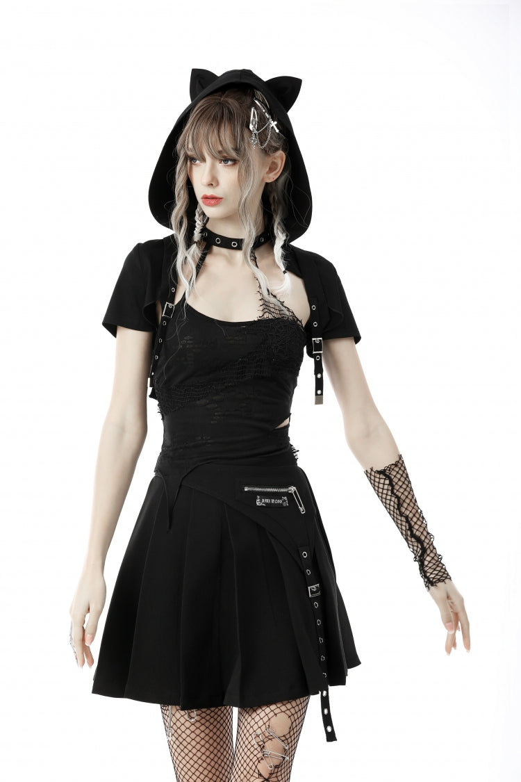 Cat Ear Hooded Cape with Lace-Up and Buckles