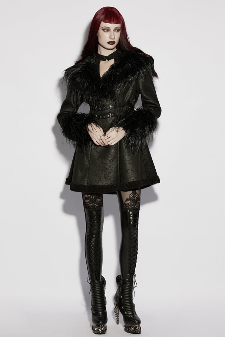 Buckle-Strap Gothic Coat with Plush Lapel - Gothic Edge
