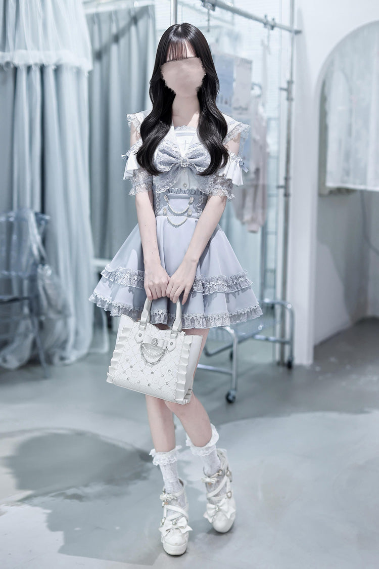 Apprentice Witch Off Shoulder Navy Collar Short Sleeves Ruffled Bow Lace Pearl Detail Classic Jirai Kei Japanese Skirt Set