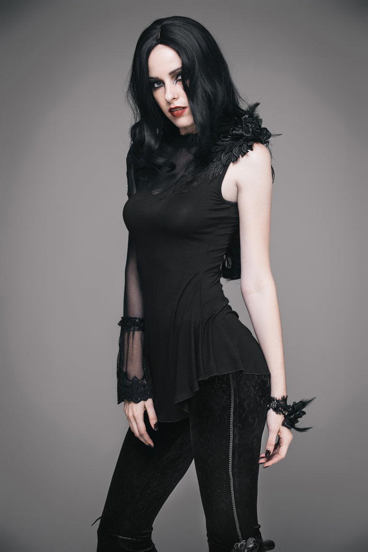 Feather-Trim Single-Sleeve Knit Top with Mesh Accent