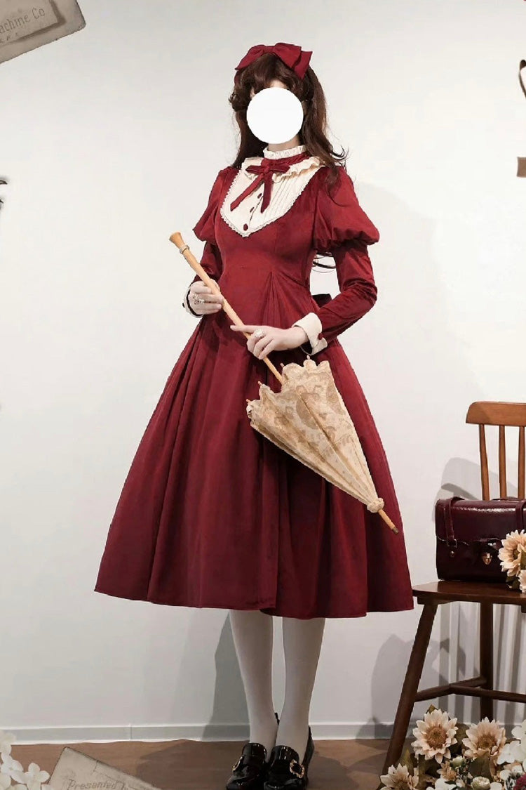 Burgundy High Collar Long Sleeve Ruffled Bow Classic Lolita Gown