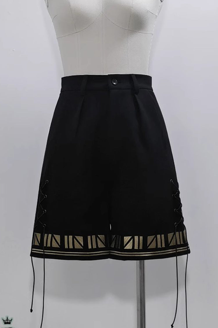 Embroidered Ouji Gothic Vintage Shorts with Print - Black Cat