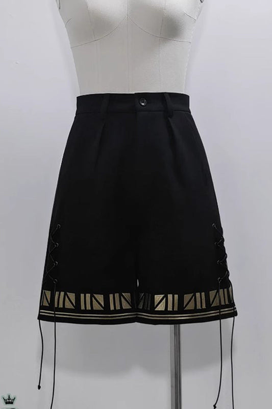 Embroidered Ouji Gothic Vintage Shorts with Print - Black Cat