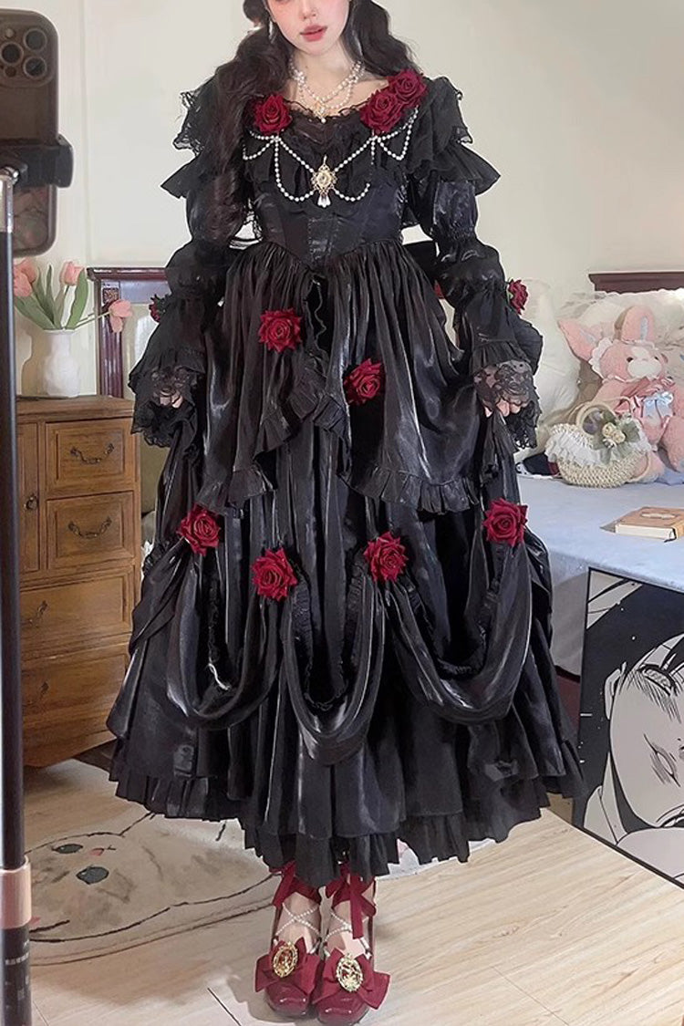 Elegant Gothic Lolita Rose Ruffle Bowknot Long Sleeve Dress