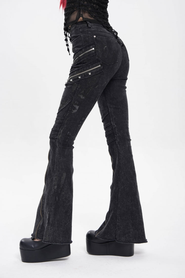 Edgy Flared Trousers with Zips and Pleats for Women - Noir