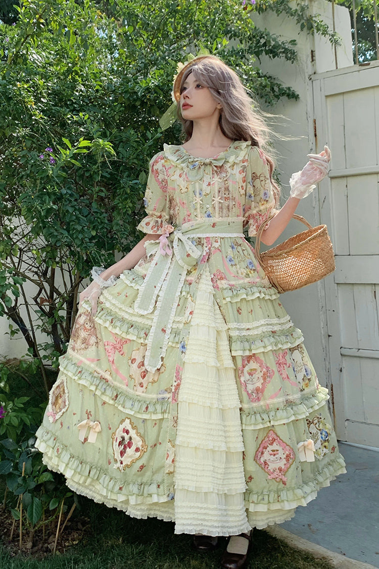 Emerald Cat Rose Tea Short Sleeve Printed Ruffle Cardigan Bow Sweet Lolita Gown
