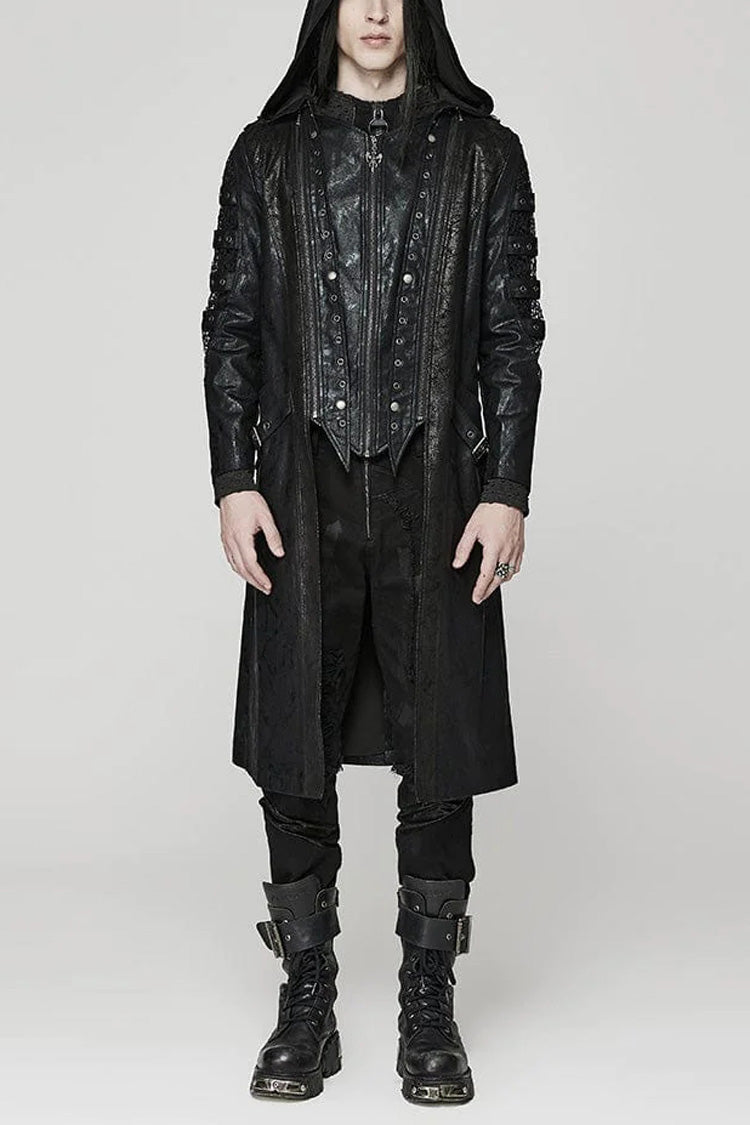 Men's Steampunk Coat with Crackled Mesh, Hollow Stitching and Hood