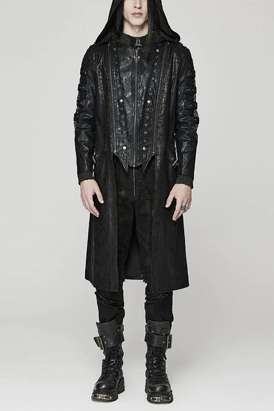Men's Steampunk Coat with Crackled Mesh, Hollow Stitching and Hood