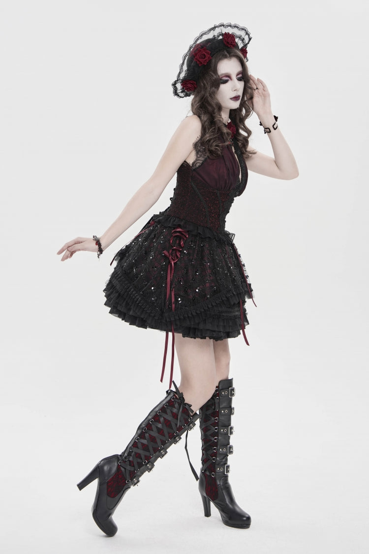 Crimson & Noir Off-Shoulder Double-Layer Embroidered Lace-Up Fitted Gothic Corset Vest