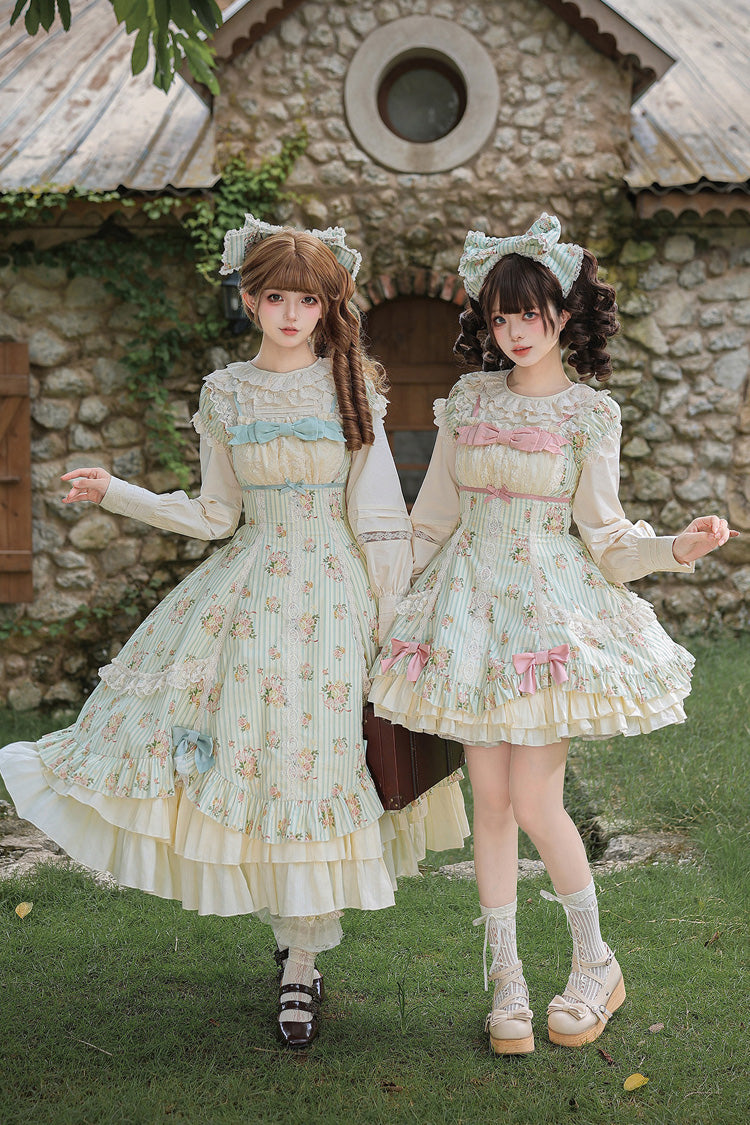 Emerald An Encounter with Austin Square Collar Short Sleeve Multi Rose Printed Ruffled Bow Lace Sweet Lolita Gown
