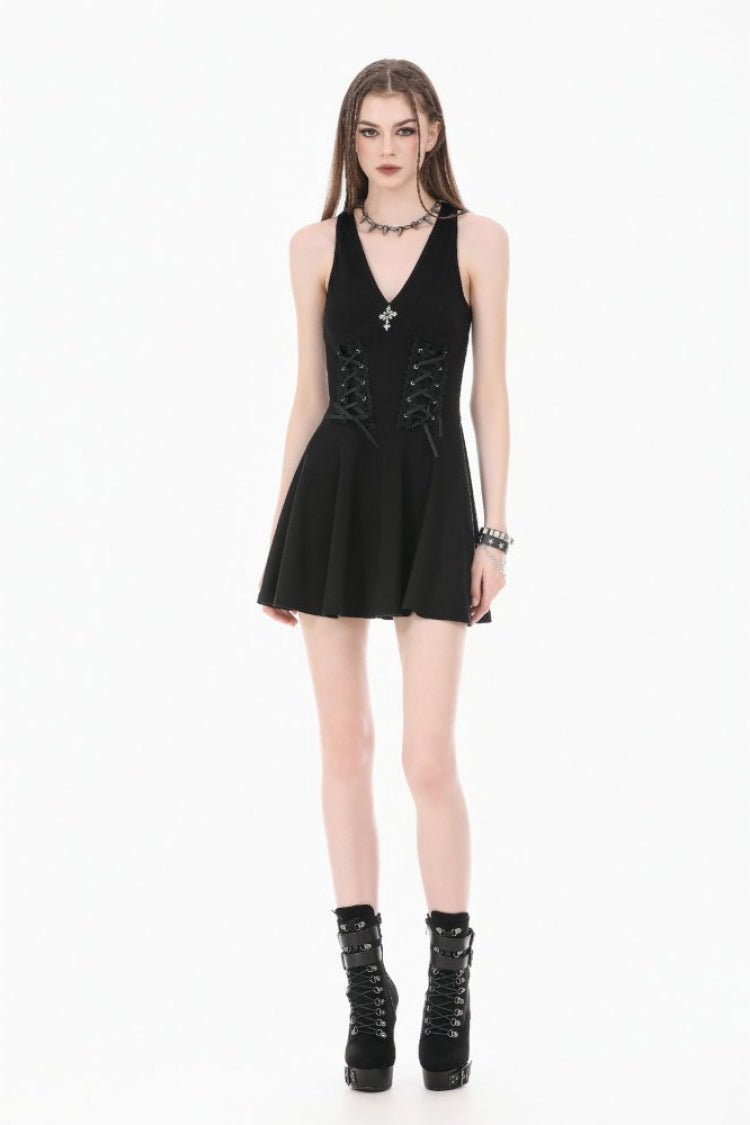 Women's Gothic Short Dress with Plunging Neck, Side Corset and Cross Lace-Up