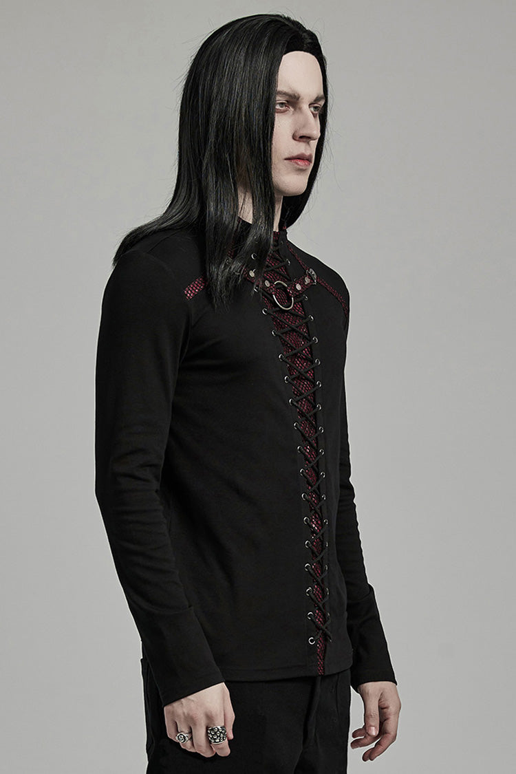 Crimson & Noir Long Sleeve Stitched Lace-Up Distressed Men's Punk Shirt